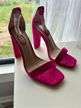 KAYLEEN By Los Angeles Fuchsia Suede Ankle-Strap Block Heels